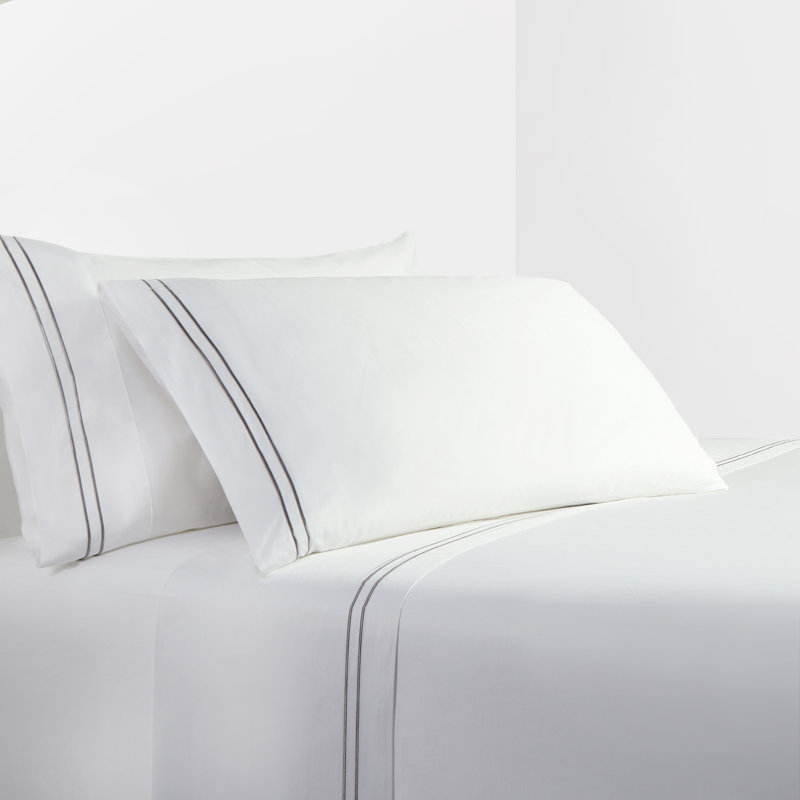 Stripe Sheet White with Embroidered Stripes 350 Thread Count Classic Modern Rustic Sheet Set, Gray