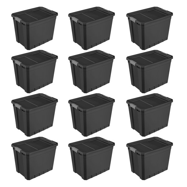 Sterilite 27 Gal Rugged Industrial Stackable Storage Tote w/ Lid, Black, 12 Pack