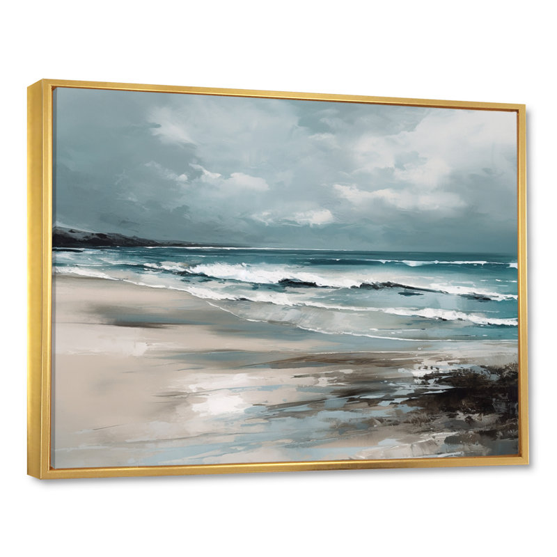 «Coastal Waves III - Modern Beach», art mural sur toile, Cadre flottant doré, H 34 po x l 44 po x P 1,5 po