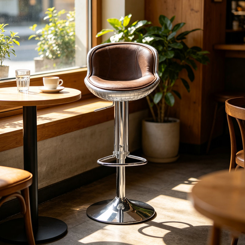 Tabouret de bar pivotant et réglable en cuir brun de 84 cm (33 po), style rétro-industriel, coque en aluminium riveté.