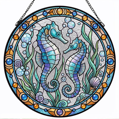 Seahorse Design Stained Glass Window Panel，12"H