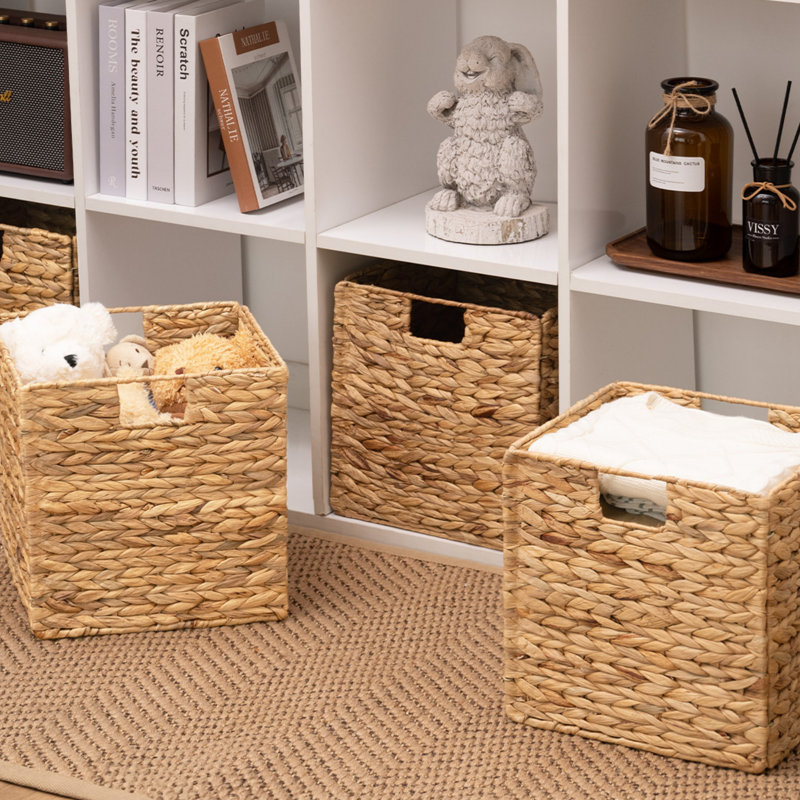 Wicker Storage Baskets with Liners, Water Hyacinth Handwoven Cube for Organizing, 11.8" H x 11.8" W x 11.8" D