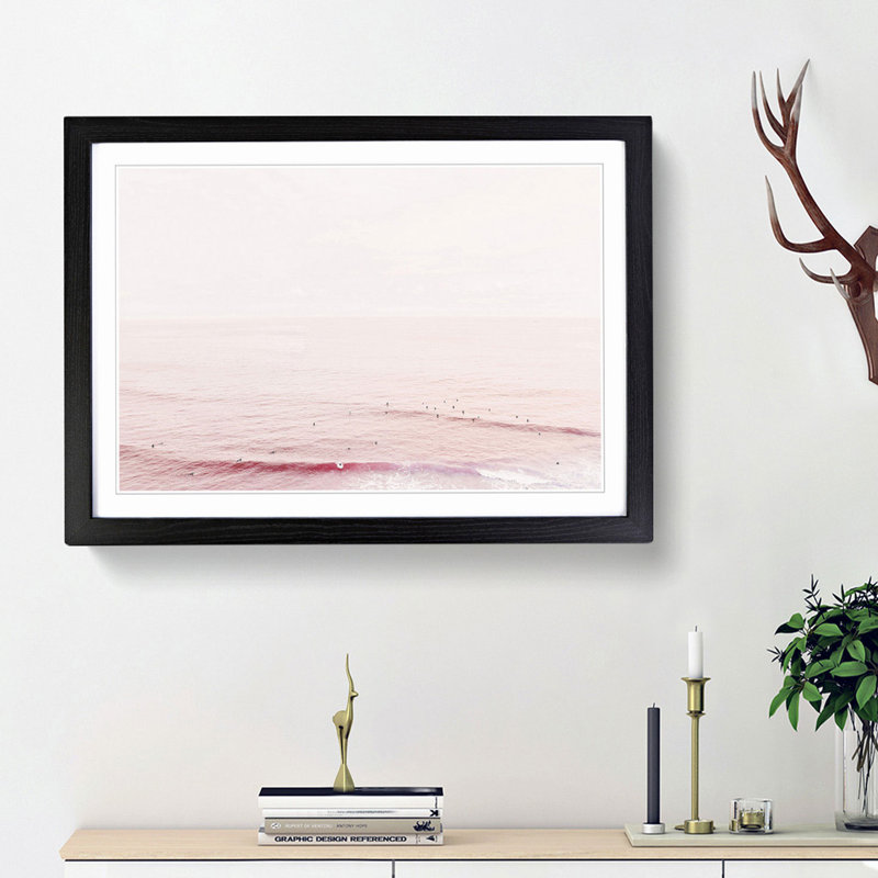 Surfers in the Ocean - Picture Frame Photograph Print, 48cm H x 65cm W x 2cm D, Black Framed