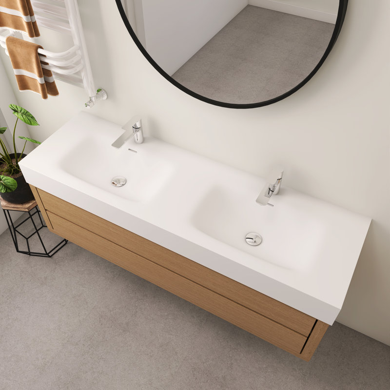 59'' Rectangular Stone Resin Double Bathroom Sink With Faucet Hole