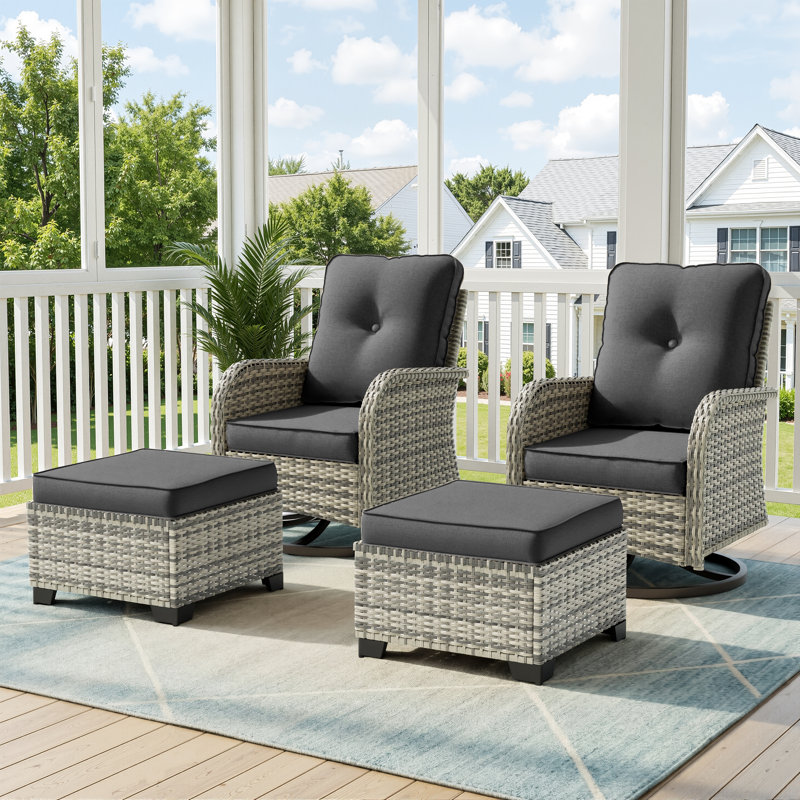 Ensemble de chaises berçantes pivotantes d'extérieur 4 pièces avec coussins et repose-pieds, Noir