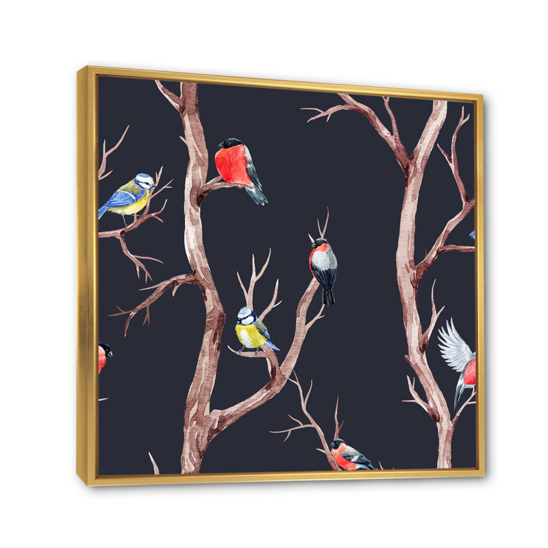 «Fall Trees with Red Birds On Black», reproduction d'art sur toile traditionnelle, Cadre flottant doré, H 16 po x l 16 po