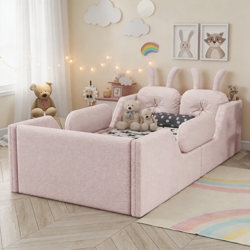Lit plateforme tapissier simple avec coussin en lapin, lit de plancher pour enfants avec rails latéraux amovibles - base de lit de sécurité à profil bas pour tout-petits, rose