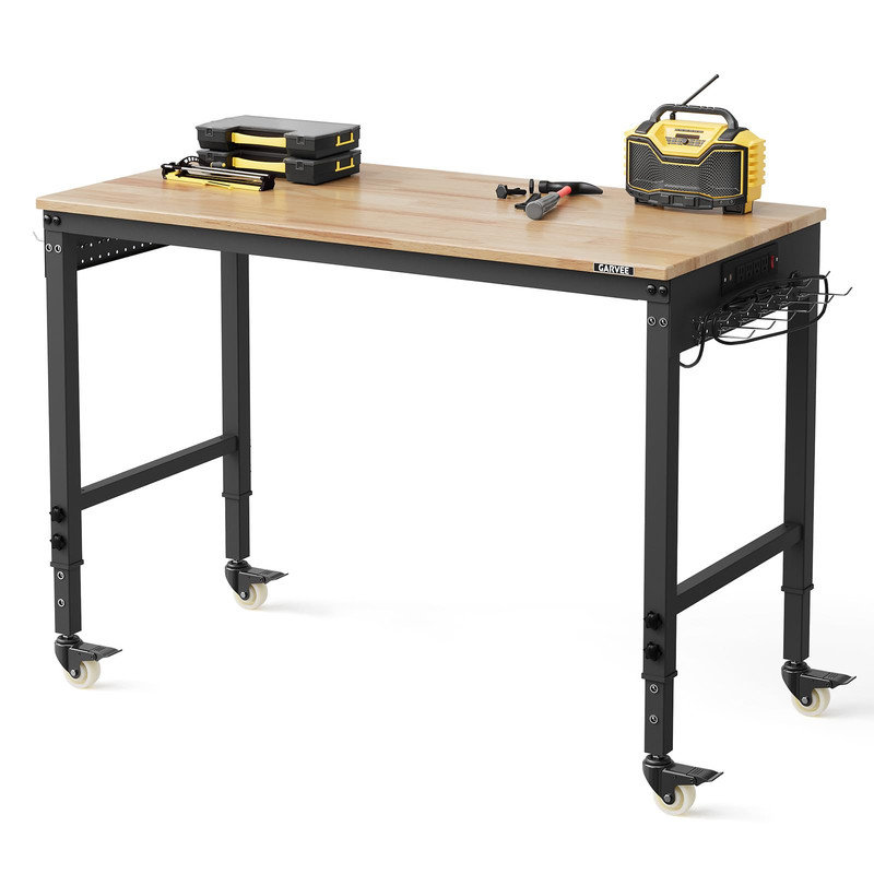 48" x 24" Heavy-Duty Workbench, 2000 lb Load – 6-Level Adjustable Height, Rubberwood Top, ETL Outlets & Pegboard