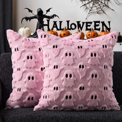 Housses de coussin d'Halloween 40x40 cm (2 pièces) - Motif fantôme orange - Décoration d'Halloween - Ensemble de 2 housses de coussin décoratives en fausse fourrure douce et laine - Idéales pour fauteuil, canapé, chambre, salon et décoration intérieure