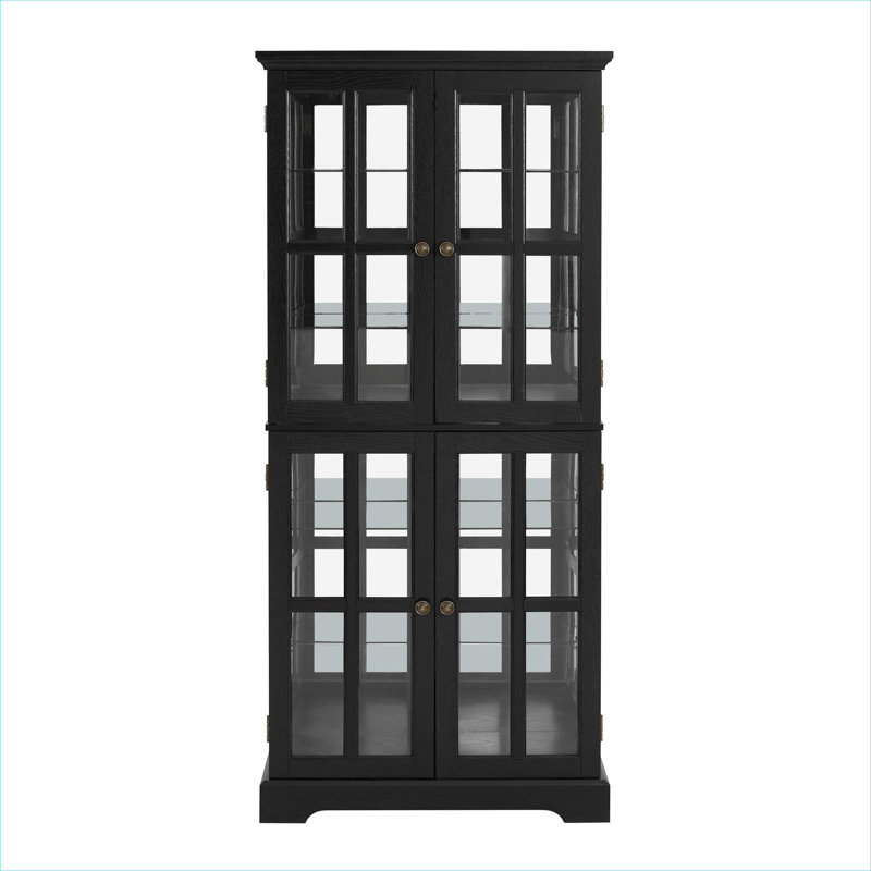 Vitrine de 68,7 pouces de hauteur à quatre portes en vitrine en panneau de fibres à densité moyenne et verre noir avec tablettes réglables