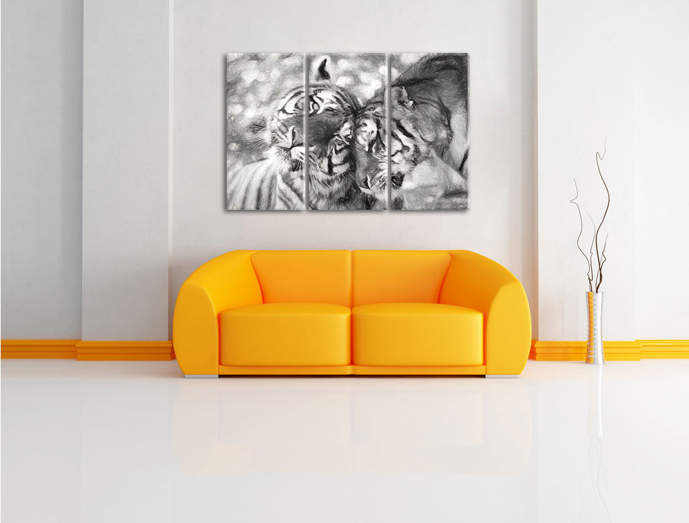 3-tlg. Leinwandbild-Set „Zwei liebkosende Tiger“, Kunstdruck