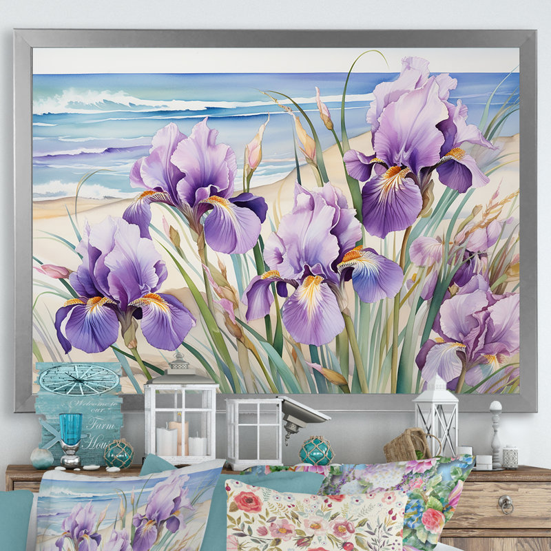 Iris mauves sur la plage sur toile, H 24 po x l 32 po x P 1 po, Cadre simple argenté