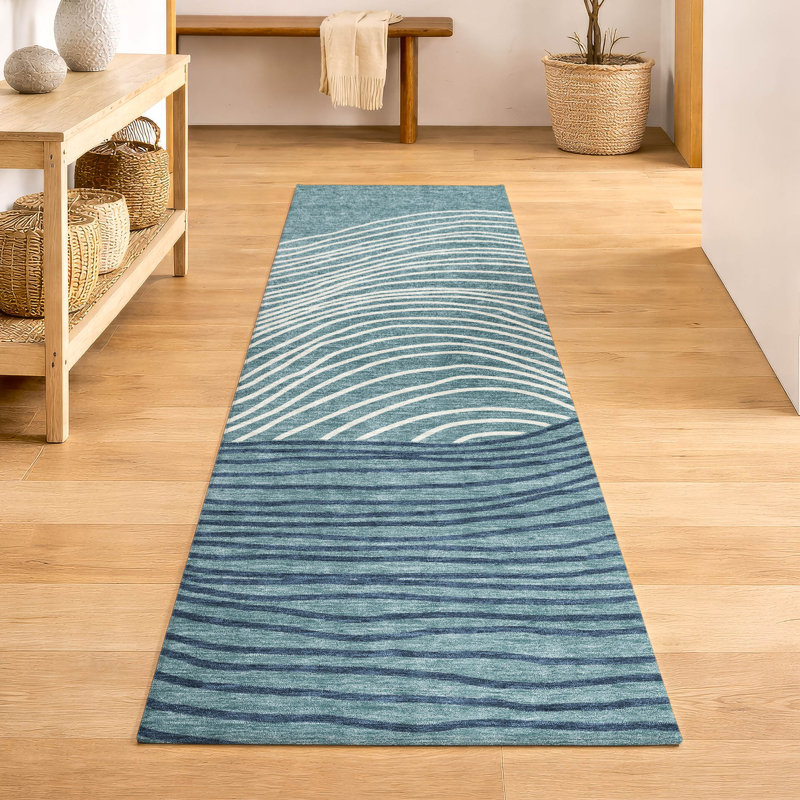 Premium Machine Washable Mayfield AMF2350 Stripes Rug, 2'3" x 7'6" Runner, Teal