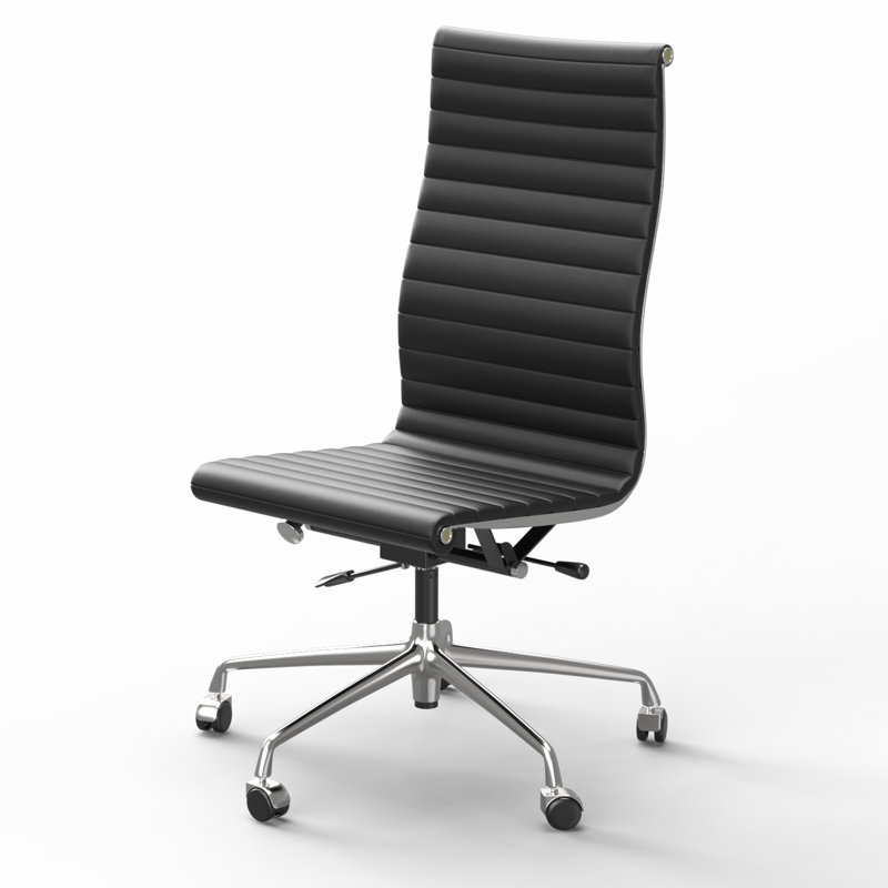 High Back Armless Genuine Leather Task Chair With Aluminum Frame, Armless Desk Chair, Black