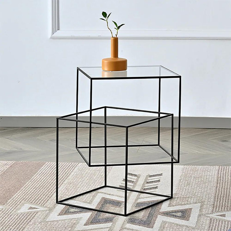 Modern Geometric Glass Accent Table with Floating Cube Design, Tempered Glass Top & Black Metal Frame for Living Room, Bedroom, Office