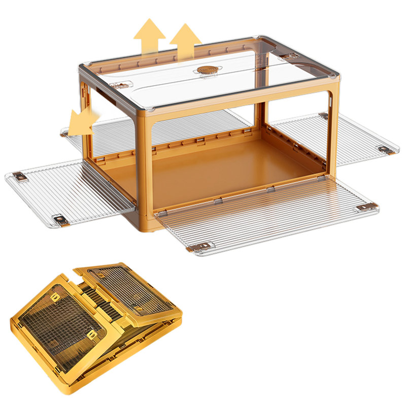 Medium Collapsible Storage Box Bin, 5 Side Clear Open Access Stackable w/ Lid, Wheels, Yellow, 9.44" H x 18.7" W x 13.97" D