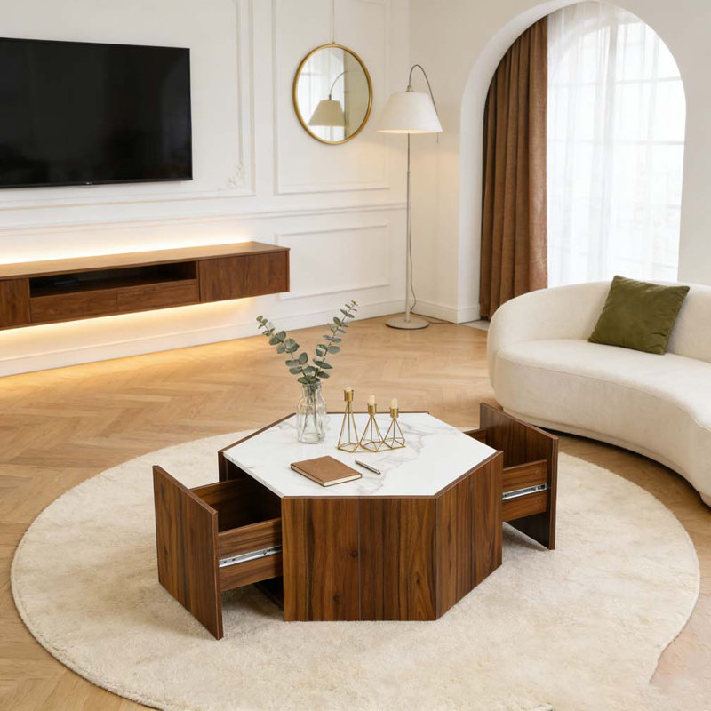 Table basse Retro, Blanc + noyer