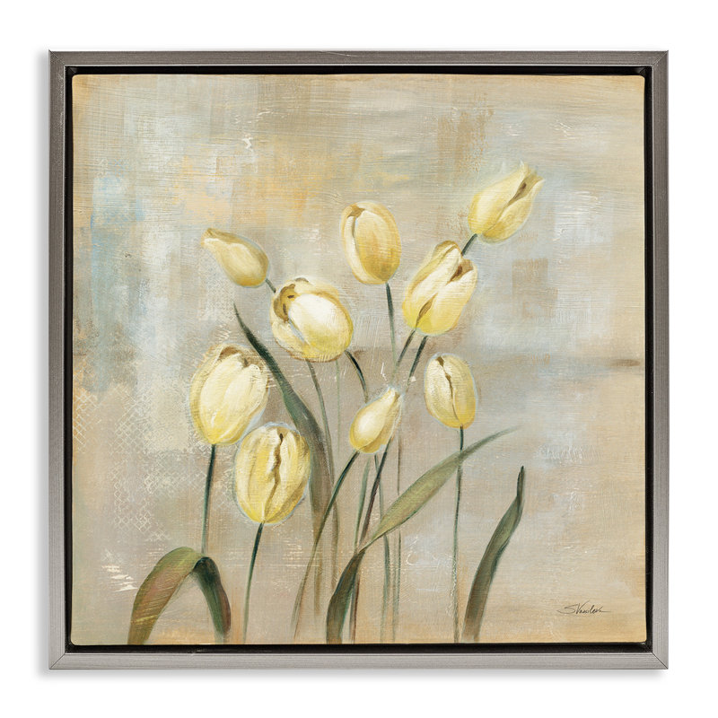 "Tulipes jaunes sur toile grise encadrée" par Silvia Vassileva, Cadre flottant gris lustré, H 18 po x l 18 po