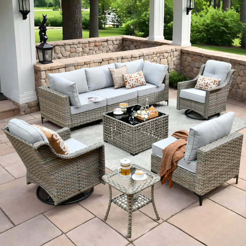 High Quality Pe Rattan Outdoor Sofa With Coffee Table And Rocking Chair 8-Piece Set, Gray