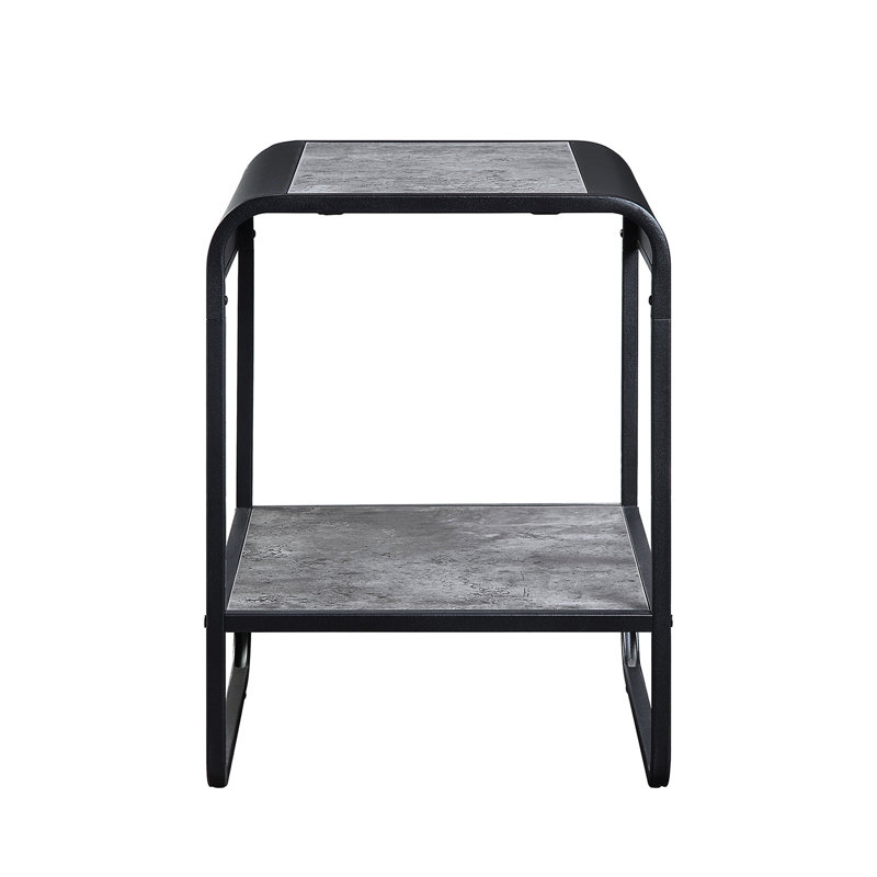 Table de bout avec cadre en métal industriel moderne avec finition gris béton, cadre noir, bords courbés, 1 compartiment ouvert pour le rangement de petits objets, 16 po de profondeur, 18 de largeur, 21 de hauteur et de surface, détails,