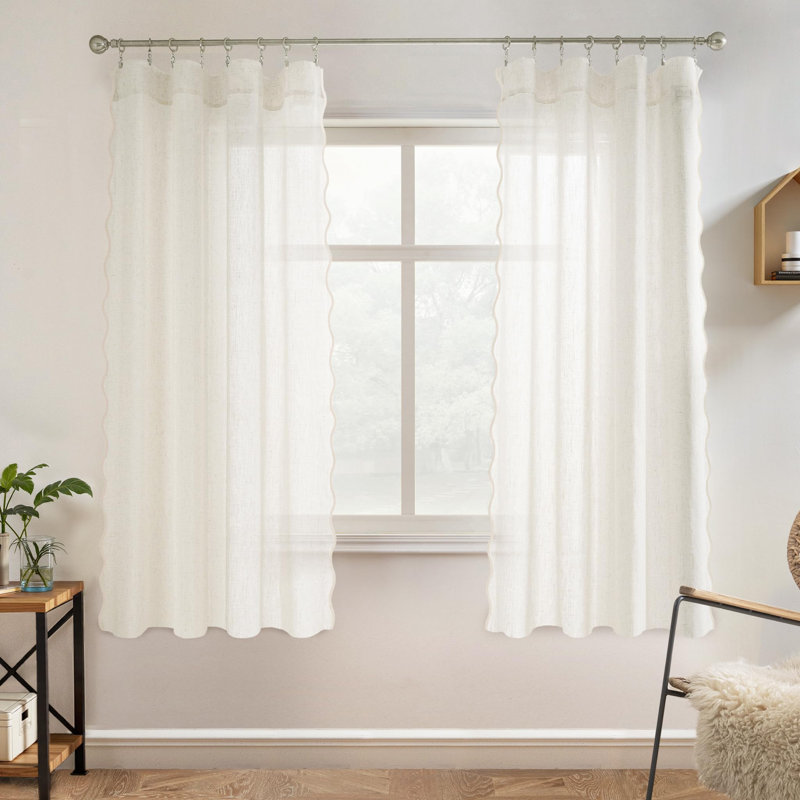 Semi Sheer Scalloped Edge White Coastal Beach Window Curtains for Living Room Bedroom 2 Panels Rod Pocket, 52" W x 63" L