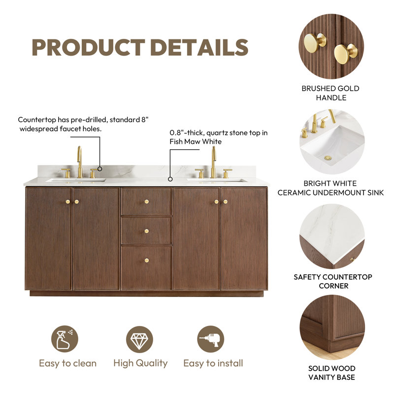 Amella 72'' Free Standing Double Bathroom Vanity with Quartz Top, Dark Brown Oak