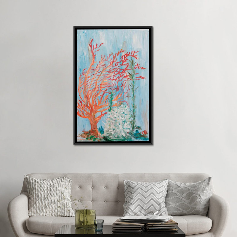 «Painterly Coral I», reproduction sur toile, H 26 po x l 18 po x P 1,5 po, Toile avec cadre noir, Pas de tapis