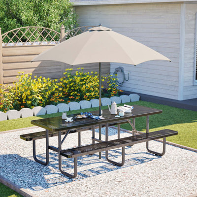 Table de pique-nique en métal robuste en acier galvanisé résistant à la rouille pour 10 personnes, table de salle à manger avec trou de parasol pour le jardin, le patio, le pique-nique, le camping