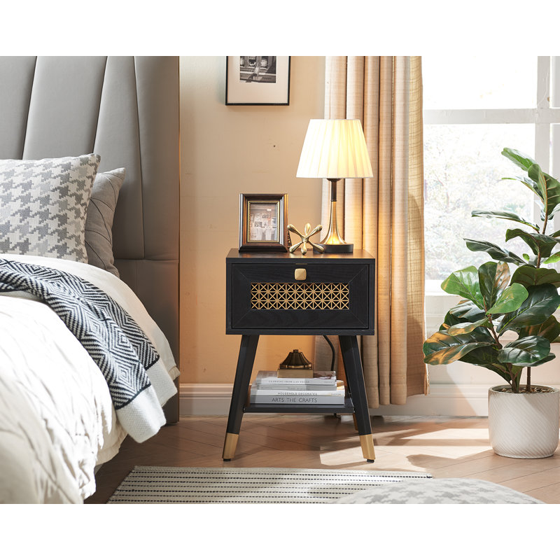 Hedva End Table with Storage and Built-In Outlets, Black