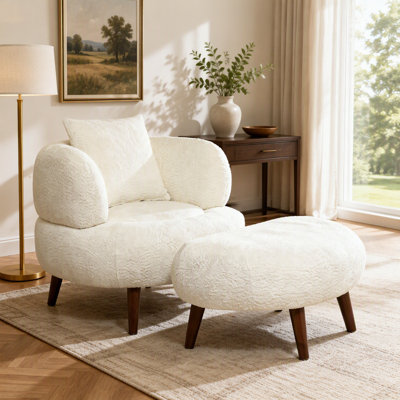 Nordic Chenille Bucket Chair with Ottoman and Soft Cushion for Living Room Study Relaxation Comfort