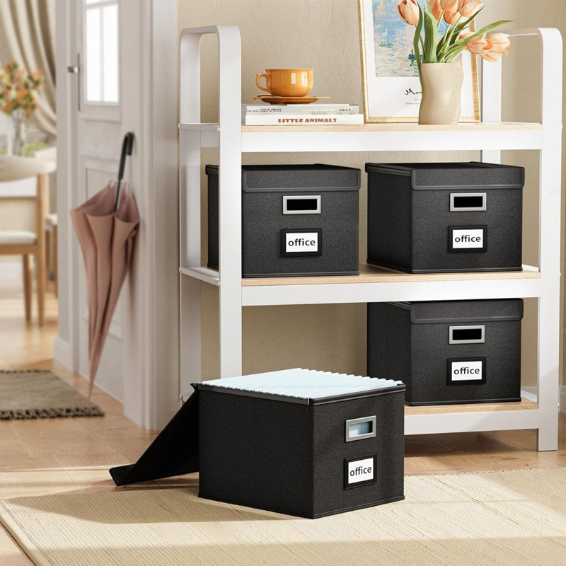 Black Portable Foldable Suspension File Storage Box with Lid Slide Linen Hanging Filing Organiser Boxes 4 Pack, Black