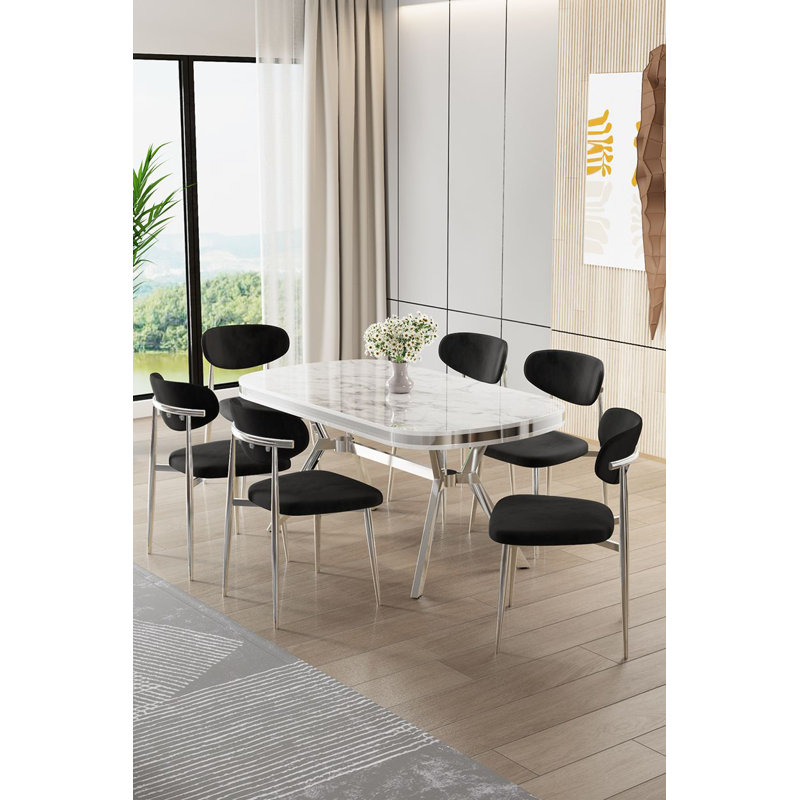 Ensemble de table et chaises de salle à manger (7 pièces), 7 pièces : table, 6 chaises, Marbre blanc / Chrome, Noir