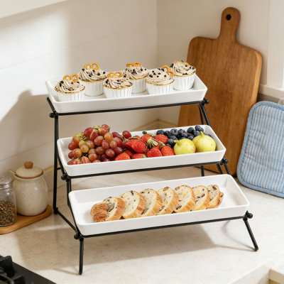 Ensemble de plateaux de service à 3 niveaux avec supports pliables - Plateaux en porcelaine pour la présentation des aliments de fête, des desserts, des hors-d'œuvre et plus encore - Solution de divertissement durable et polyvalente