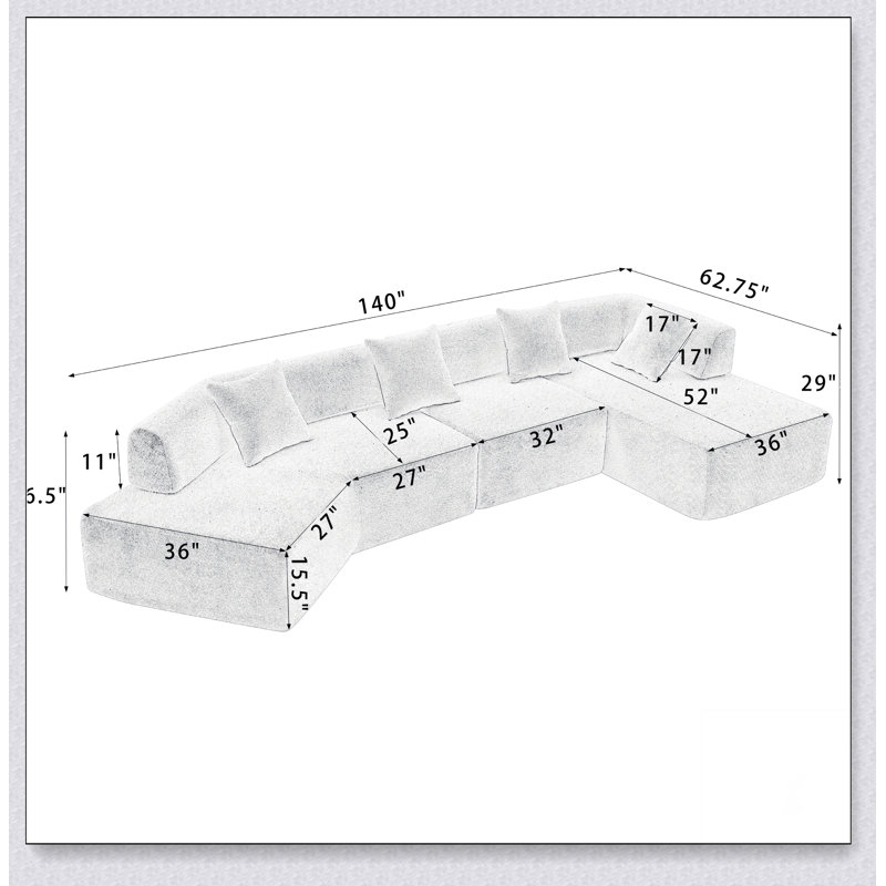 Canapé modulaire moderne en L de 140 po, sans assemblage requis, canapé modulaire Boucle, Polyester gris