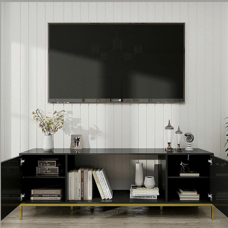 Meuble télé 70 po, meuble multimédia en bois robuste avec rangement et tablettes ouvertes pour le salon, design moderne (noir)