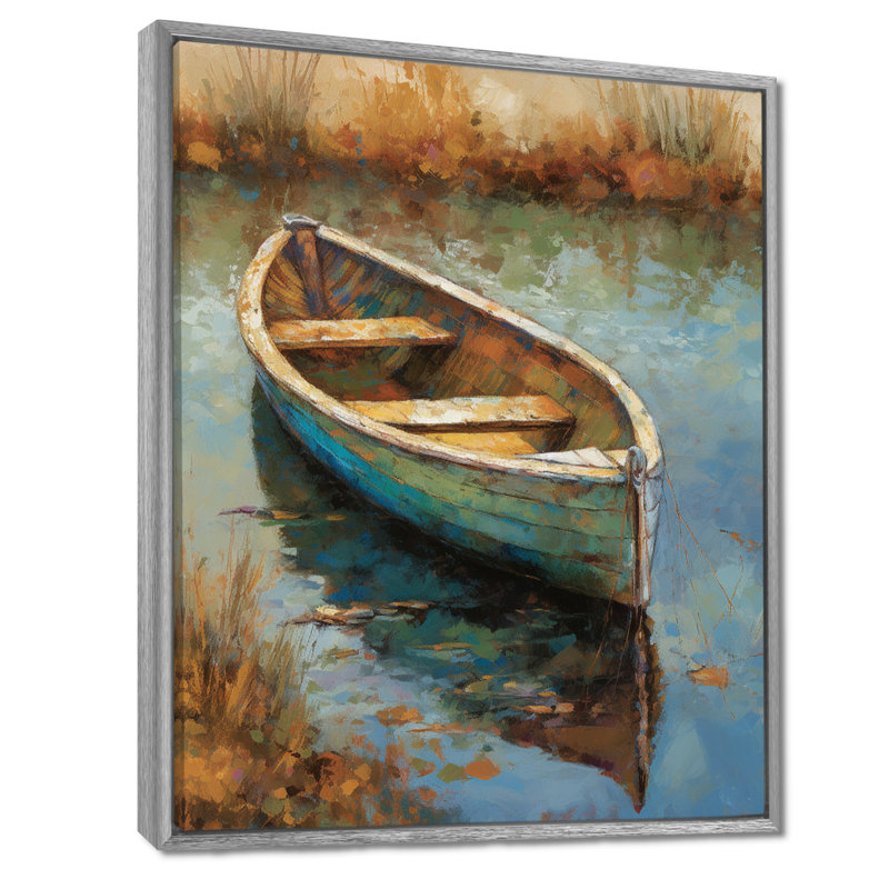 «Lake Serenity Dinghy Boat Resting On The Water I», art mural Lakehouse, H 32 po x l 24 po x P 1 po, Cadre argenté flottant