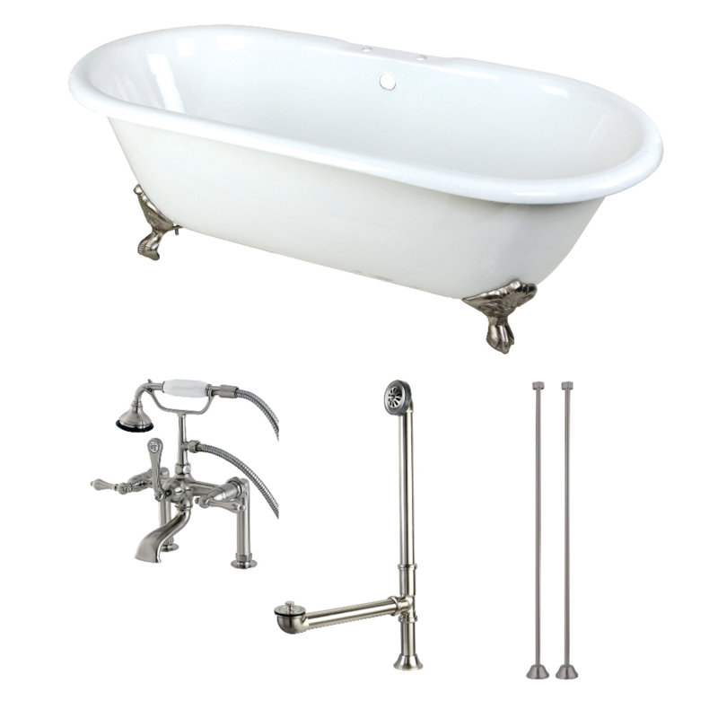 Kingston Brass Aqua Eden 66-Inch Cast Iron Oval Double Ended Clawfoot Tub with Faucet Drain and Supply Lines Combo