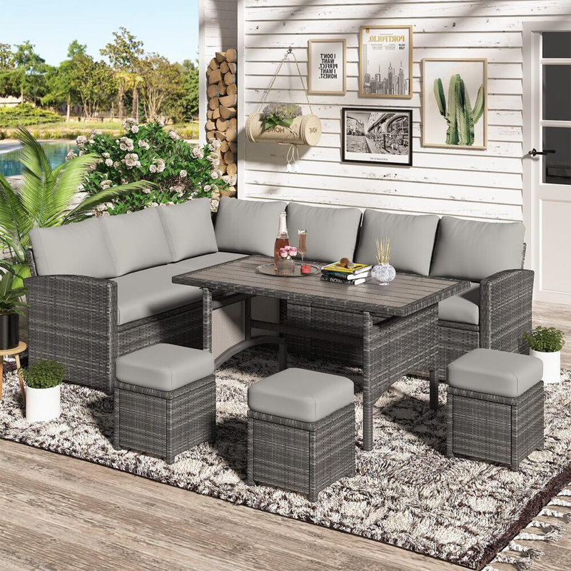 Hinesville 7 Piece Rattan Lounge Dining with Cushions, Grey Frame/Grey Cushion