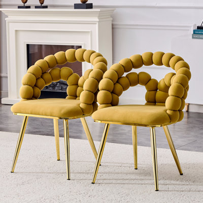 Set Of 2 Yellow Velvet Dining Chairs With Gold Legs, Modern Upholstered Accent Chairs