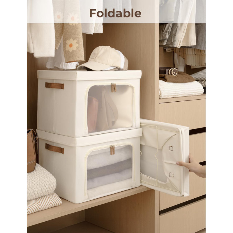 Storage Bins With Lids, Decorative Boxes With Clear Window For Clothes, Fabric Collapsible Baskets For Closet Organization, Large, Beige, 3 Packs