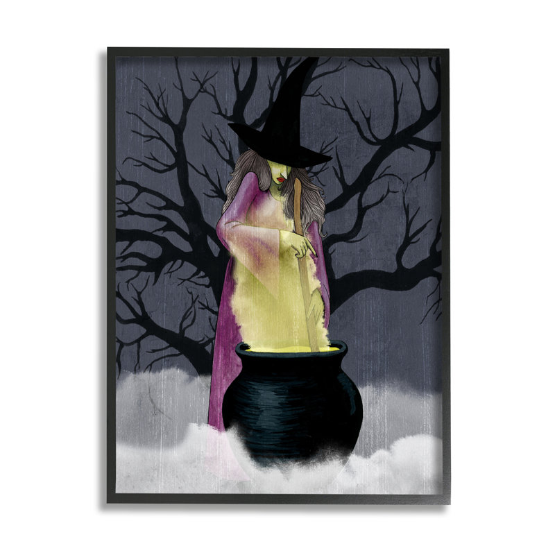 «Witch Stirring Smokey Cauldron Spooky Halloween Night», estampe numérique encadrée noire, art texturé par Grace Popp