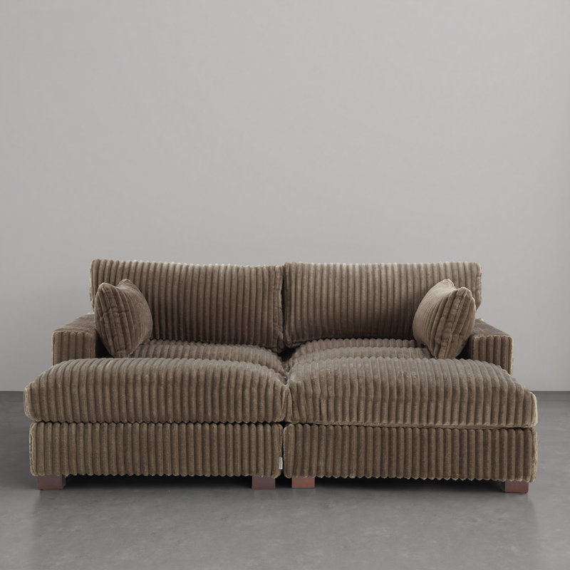 4 - Piece Upholstered Light Brown Faux Rabbit Fur Flannel Reversible Modular Sofa Living Room Sectional Couch with Ottoman