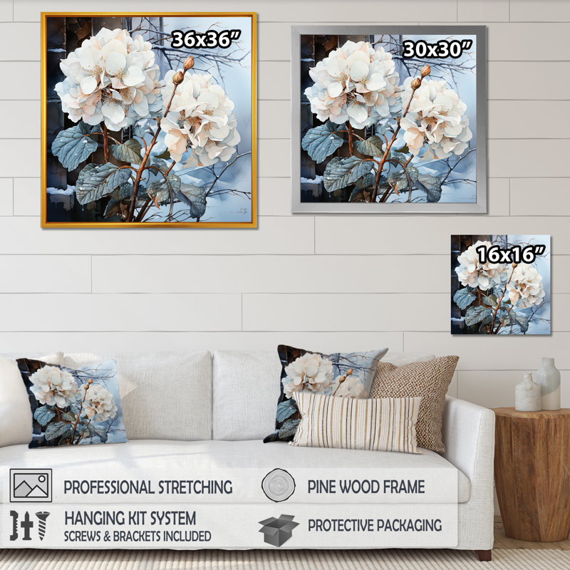 " White Hydrangea Charm In Winter ", 36" H x 36" W x 1.5" D, White Floater Framed