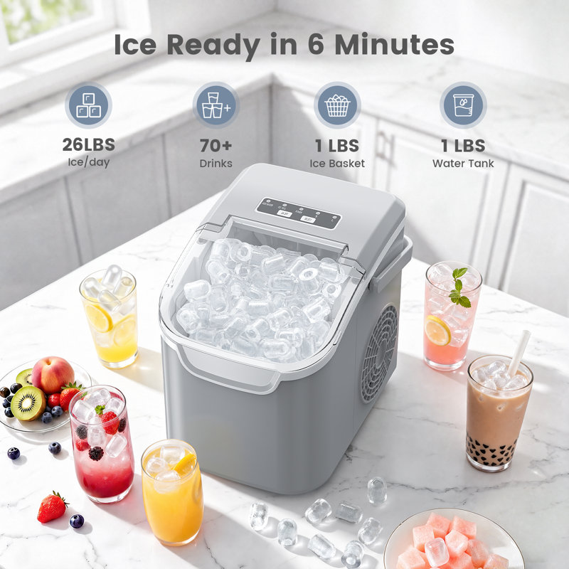 Havato Countertop Ice Maker Ice Machine With Handle,Self-Cleaning Ice Makers, 26Lbs/24H, 8 Ice Cubes Ready In 6 Mins For Home/Kitchen/Bar/Party/Camping