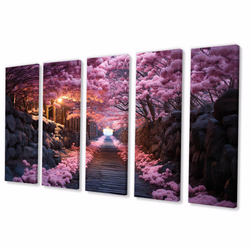 «Pink Tranquil Flowers Twilight», reproduction sur toile florale, 5 panneaux égaux