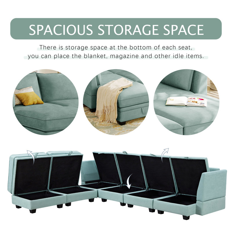 Deneva U-Shape Modular Sectional Sofa with Storage Function, Light Green Linen Blend