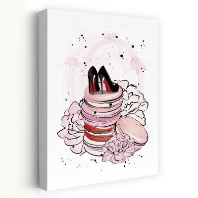 Macarons chics à talons hauts, portrait de pivoine moderne et élégant, impression d'art mural