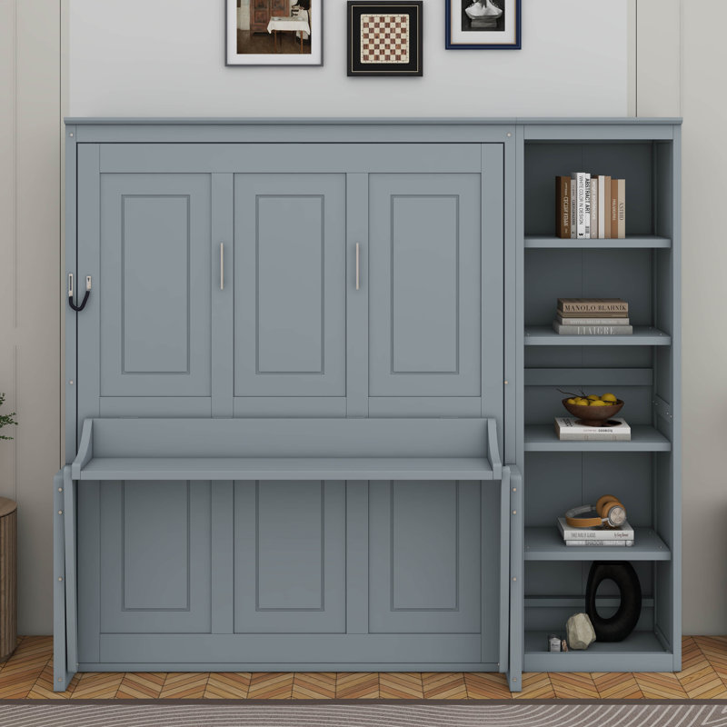 Lit escamotable double avec bureau et bibliothèque, Gris, Lit double