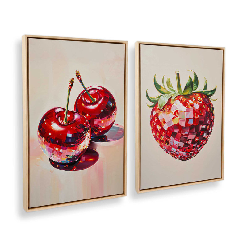 Ensemble de 2 cerises disco et fraises, H 19 po x l 26 po, Cadre américain en érable flottant