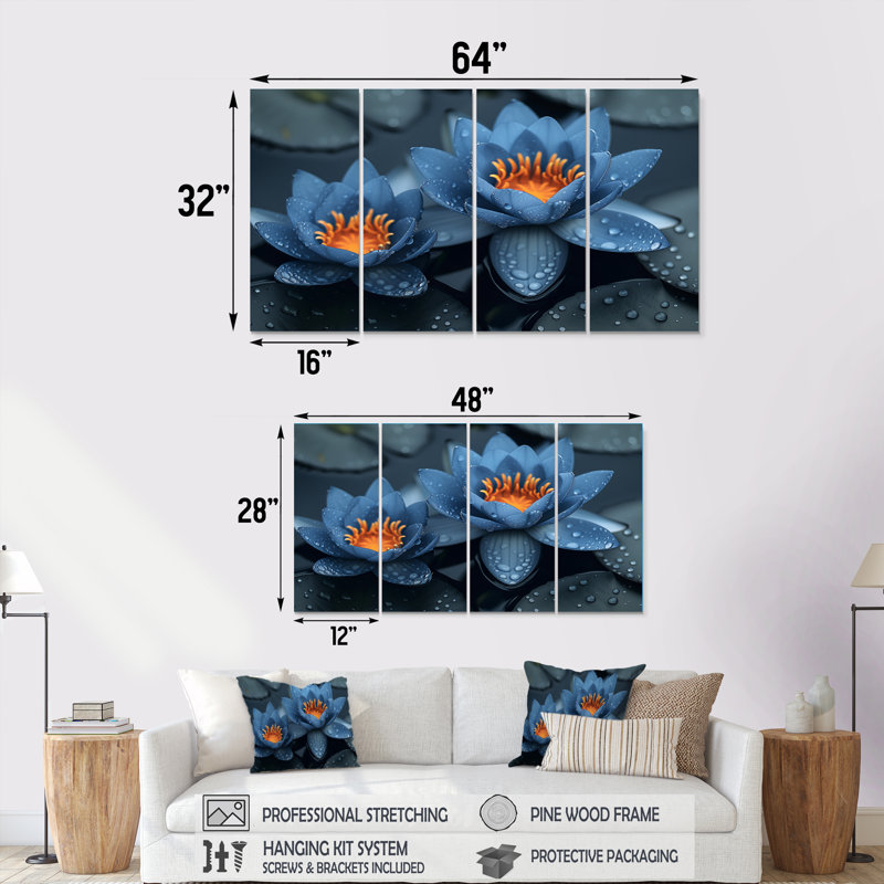 «Blue Monicolange Lotus Pond Radiant Blooms III», ensemble d'art mural sur toile de lotus, H 28 po x l 48 po
